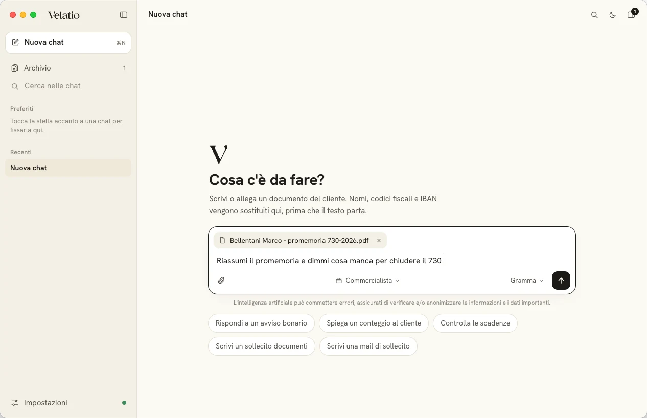 Velatio: una chat nuova con il promemoria del 730 allegato e la domanda «Riassumi il promemoria e dimmi cosa manca per chiudere il 730»