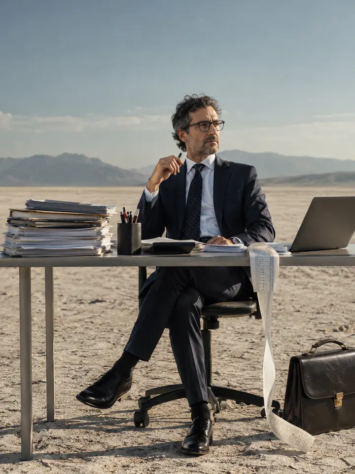Commercialista seduto a una scrivania nel deserto, con pratiche e calcolatrice