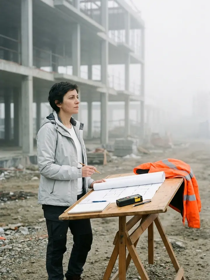 Geometra in cantiere nella nebbia, con disegni e metro laser su un cavalletto